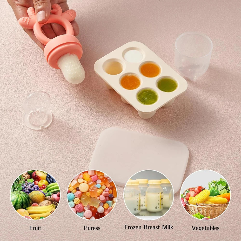 Silicone Baby Fruit Feeders with Freezer Tray for Batch Prep.