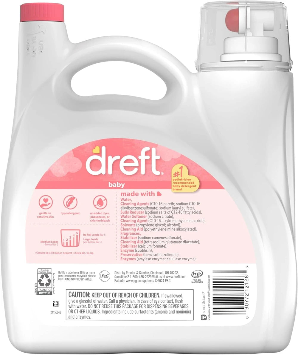 Dreft Baby Liquid Laundry Detergent, Gentle on Sensitive Skin Laundry Soap 150 fl oz 114 Loads