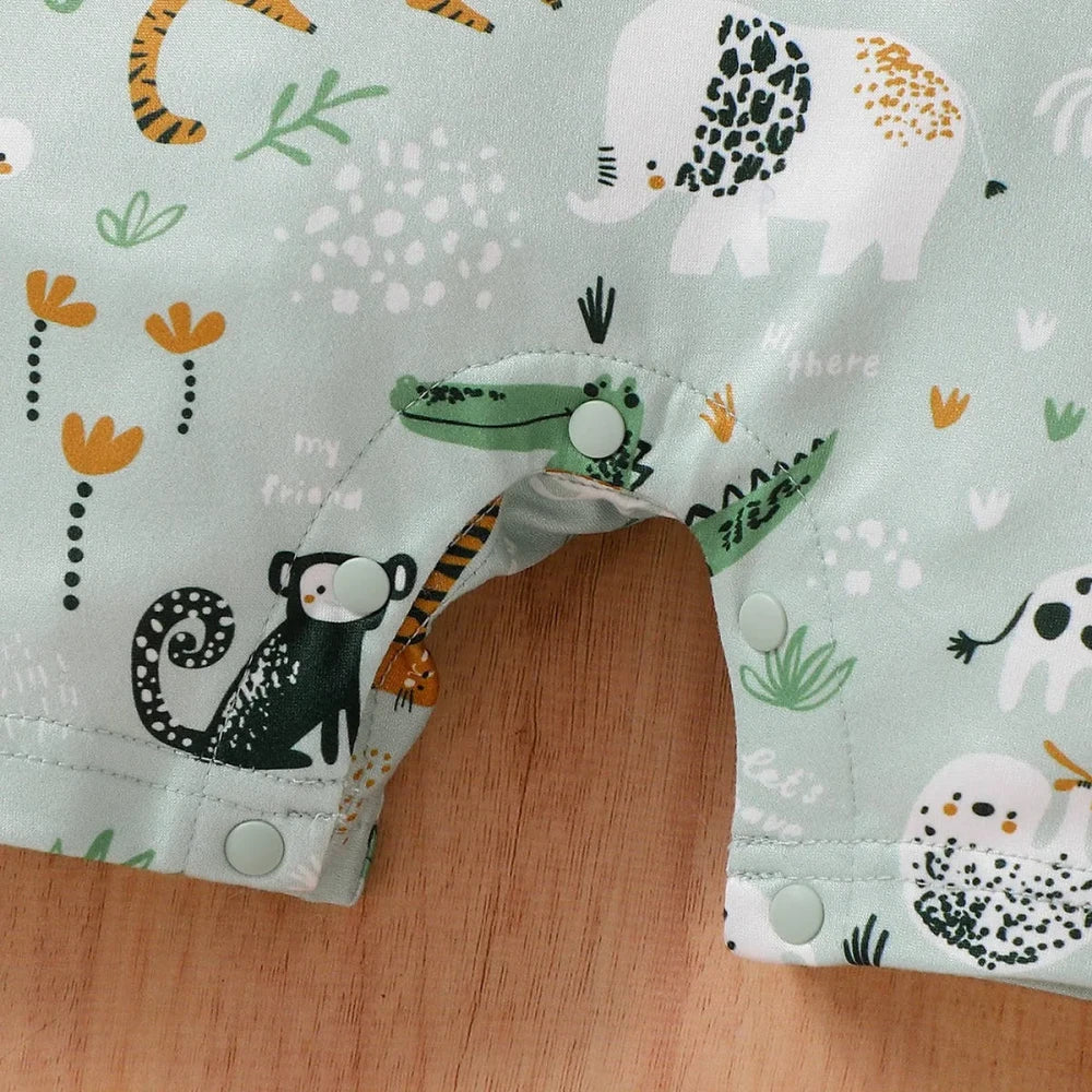 Two-piece romper featuring a cute zoo animal print