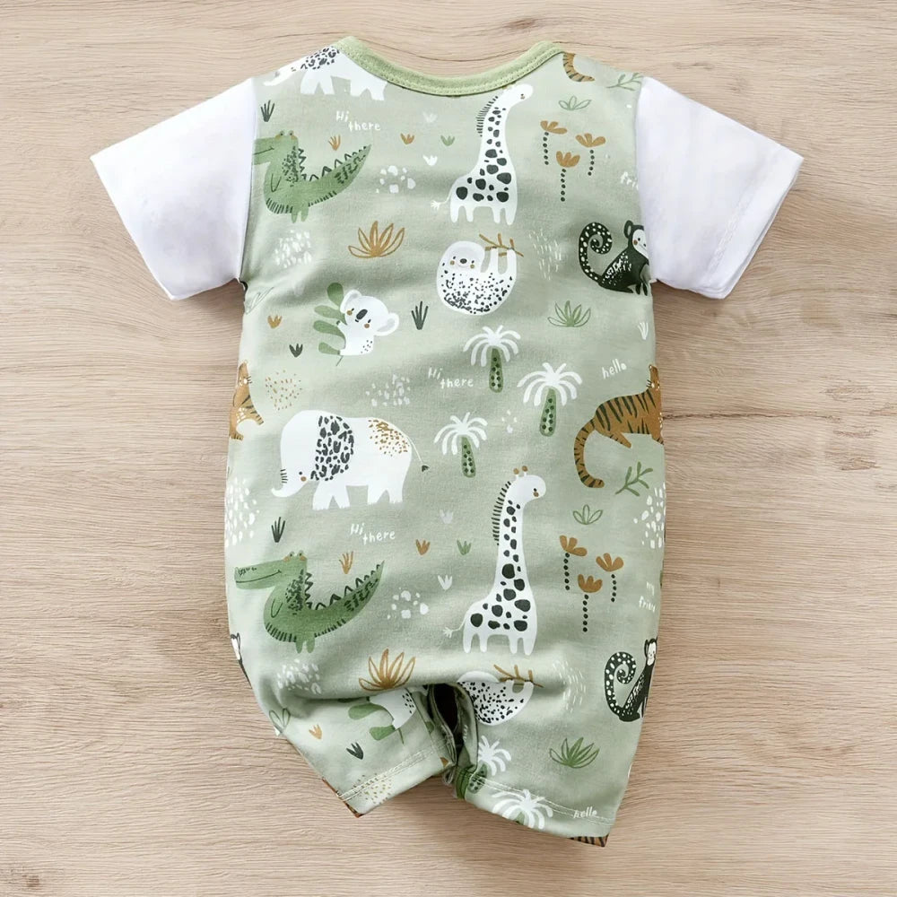 Two-piece romper featuring a cute zoo animal print