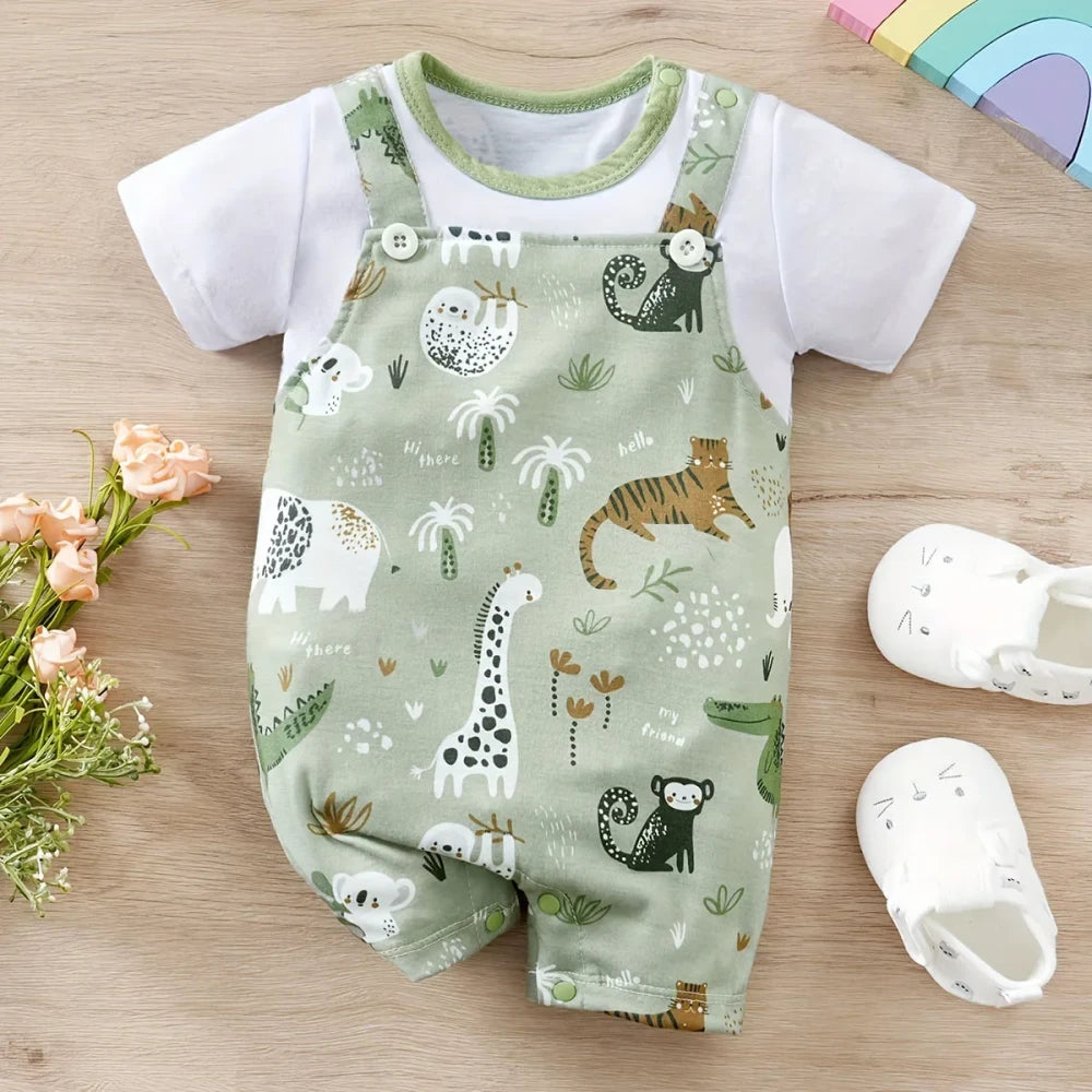 Two-piece romper featuring a cute zoo animal print