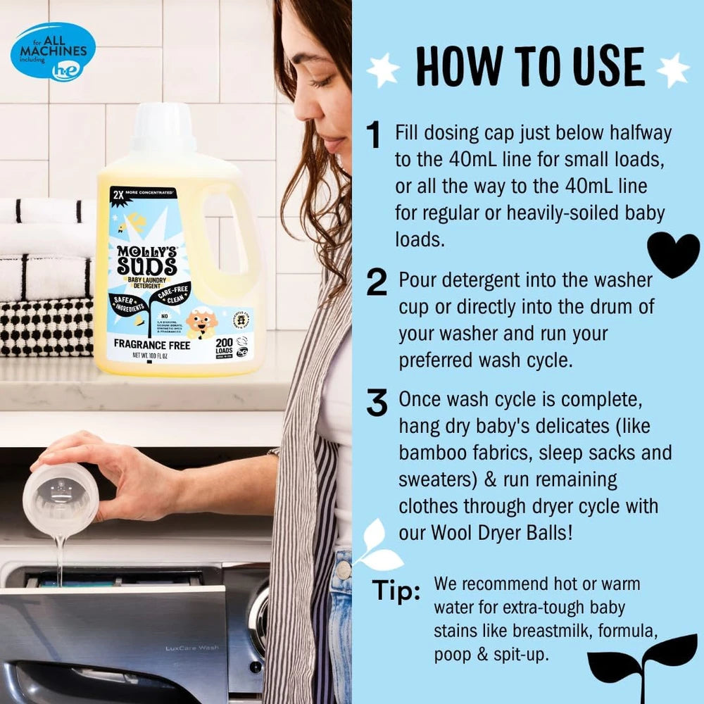 Molly's Suds Baby Laundry Detergent safely cleans formula