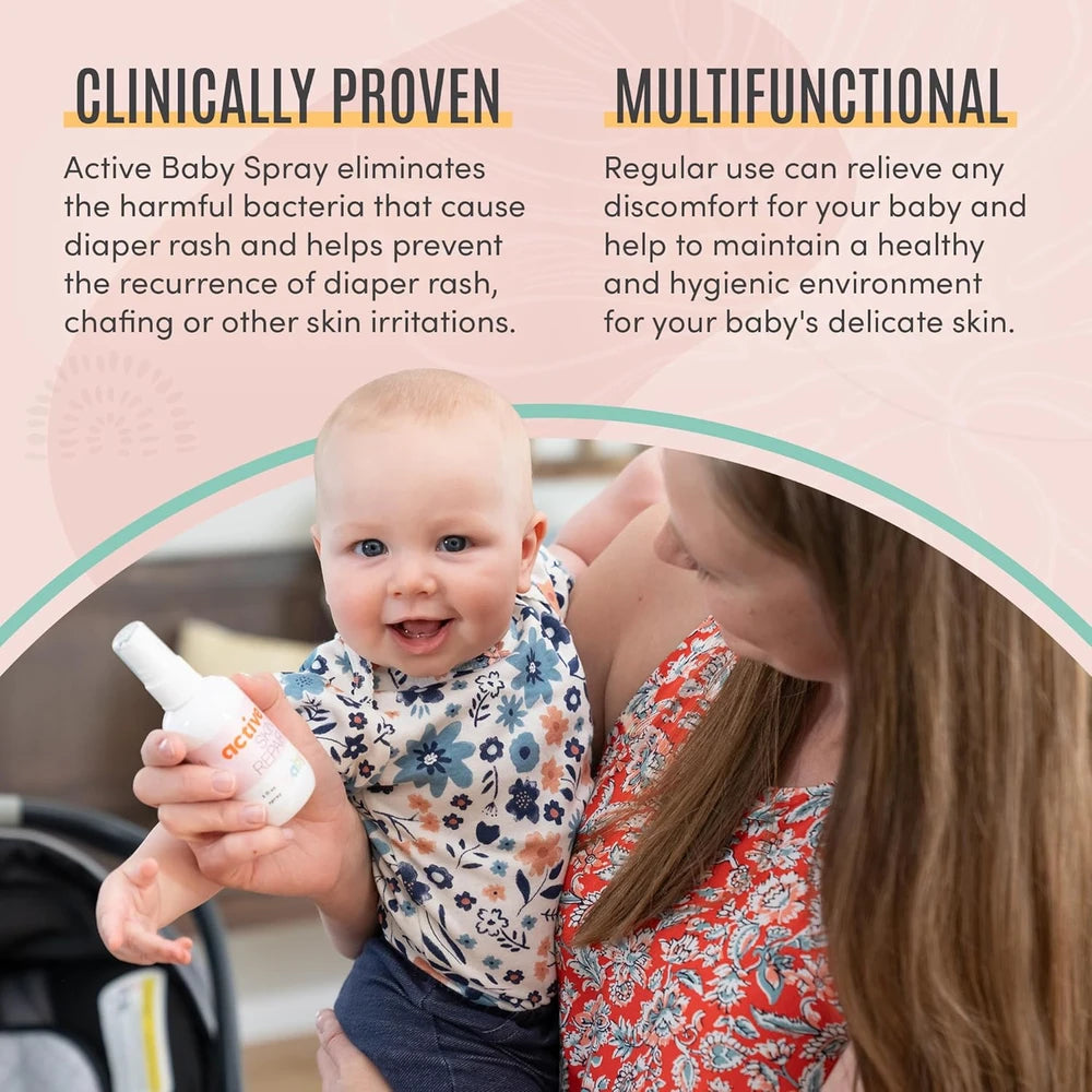 Baby Active Skin Repair Spray.  Gentle, non-toxic relief for diaper rash, eczema, and irritations.