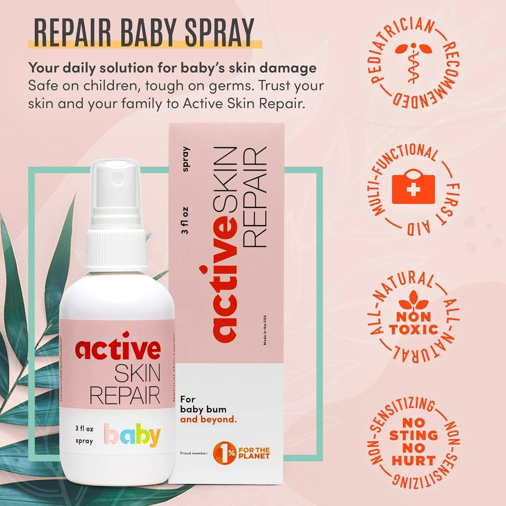 Baby Active Skin Repair Spray.  Gentle, non-toxic relief for diaper rash, eczema, and irritations.