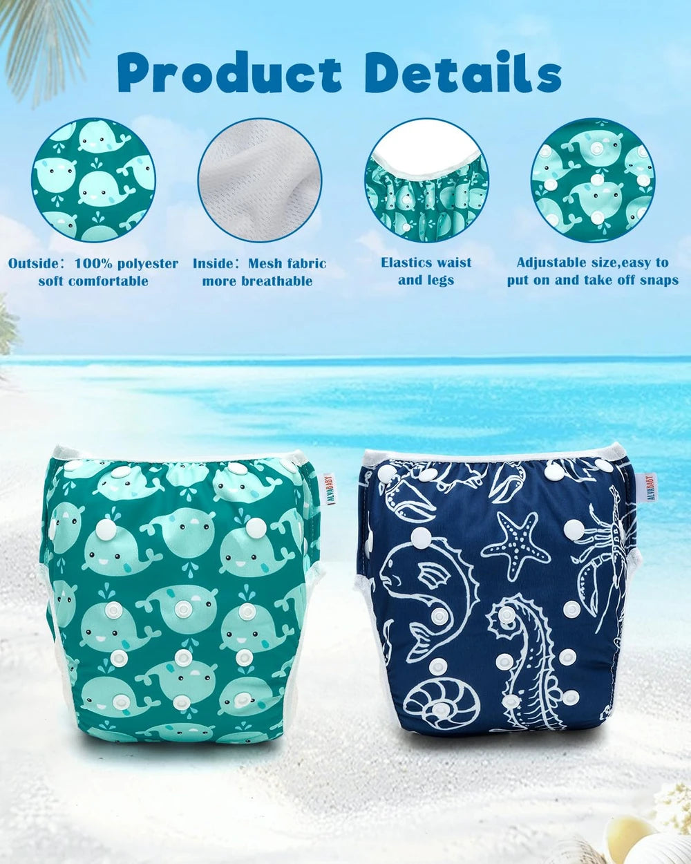 ISLAVIVA Swim Diapers 2pcs Reusable Baby Swim Diaper 9 Months-3T Adjustable Snap Washable Toddler Swimming Diaper for Pool Beach & Swim