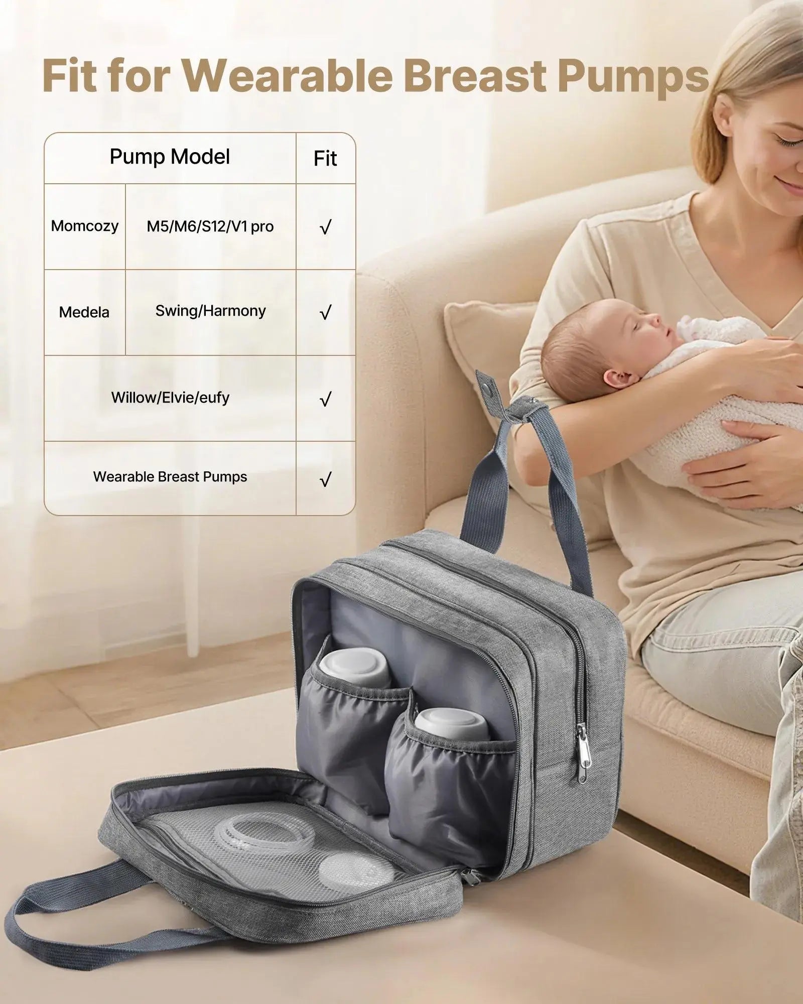【Summervibes】Vevor Wearable Breast Pump Bag, Breast Feeding Bag with Ice Pack, Fits for M5/M6, Pumping Accessories & Breastmilk Storage, Portable Pump Carrying Case for Work, Travel & Family Use, Grey