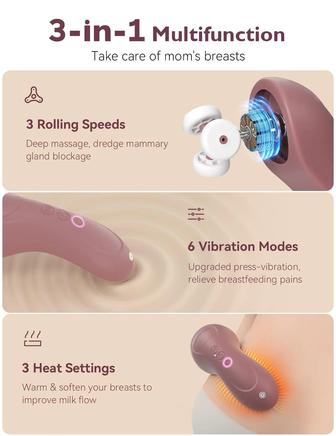 Momcozy Rolling Lactation Massager with Heat, 3-In-1 Real-Like Massage for Relieve Clogged Ducts, Breast Massager Warming for Breastfeeding, Improve Milk Flow, Dusty Rose