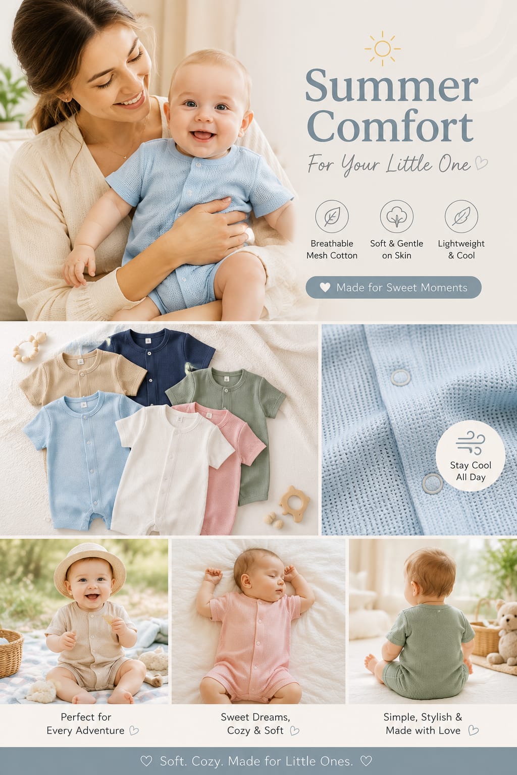 Breathable Baby Romper – Soft Cotton Mesh Jumpsuit for Newborn Boys & Girls