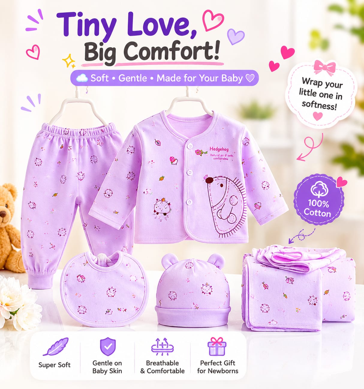 5PCS Newborn Baby Cotton Clothing Set – Soft & Breathable Infant Outfit for Boys & Girls (0-3M)