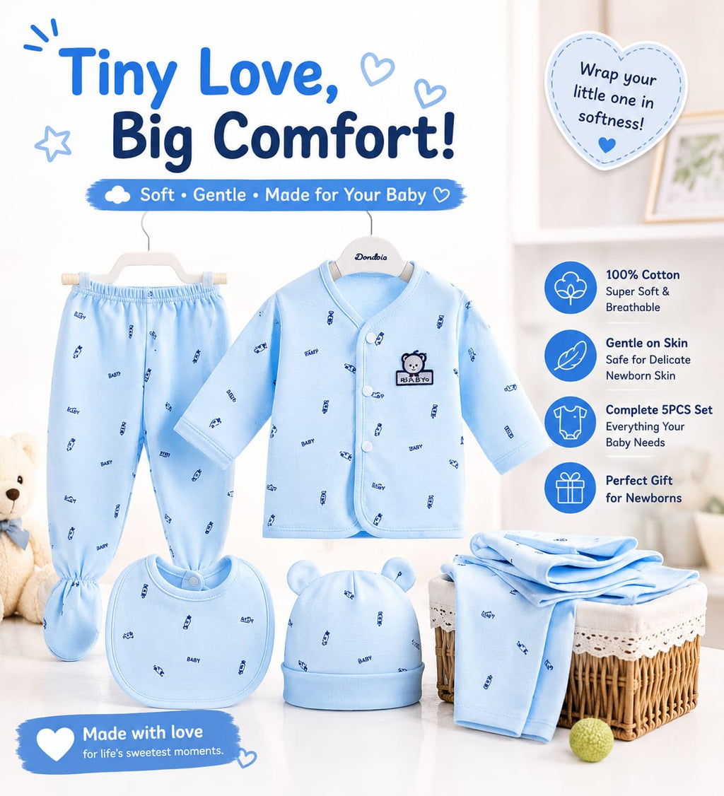 5PCS Newborn Baby Cotton Clothing Set – Soft & Breathable Infant Outfit for Boys & Girls (0-3M)