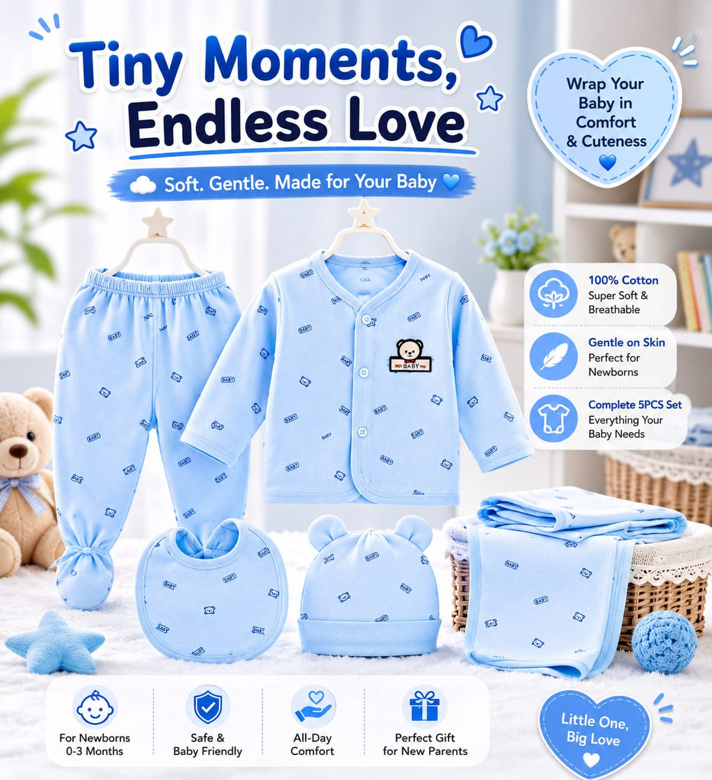5PCS Newborn Baby Cotton Clothing Set – Soft & Breathable Infant Outfit for Boys & Girls (0-3M)