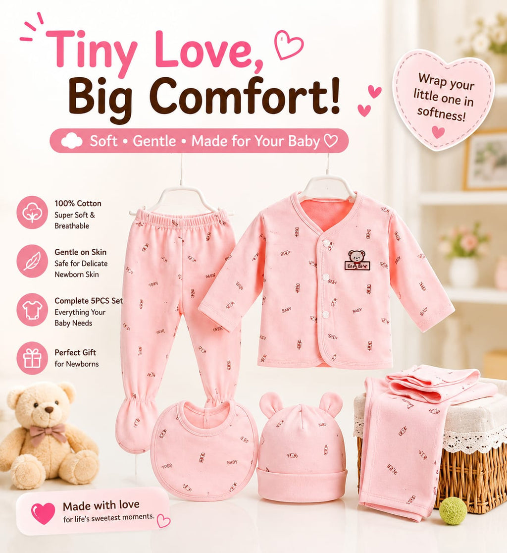 5PCS Newborn Baby Cotton Clothing Set – Soft & Breathable Infant Outfit for Boys & Girls (0-3M)