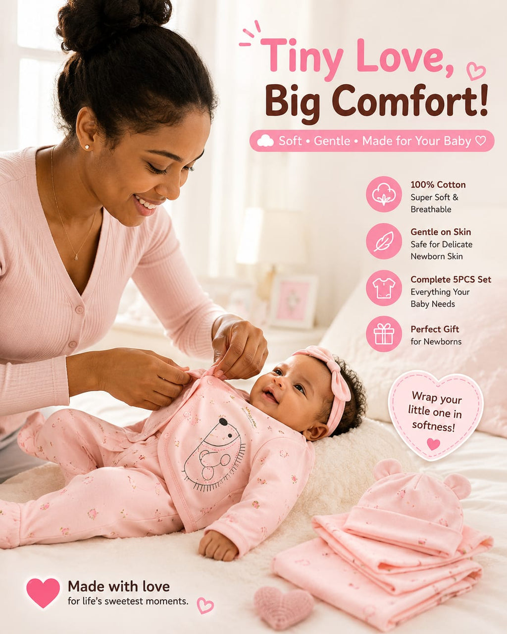 5PCS Newborn Baby Cotton Clothing Set – Soft & Breathable Infant Outfit for Boys & Girls (0-3M)