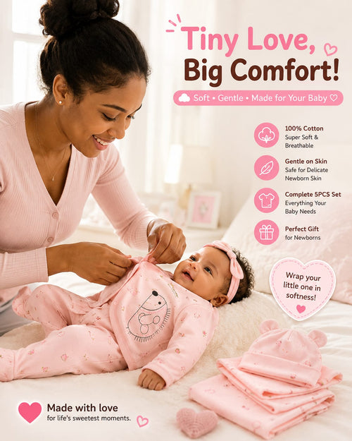 5PCS Newborn Baby Cotton Clothing Set – Soft & Breathable Infant Outfit for Boys & Girls (0-3M)