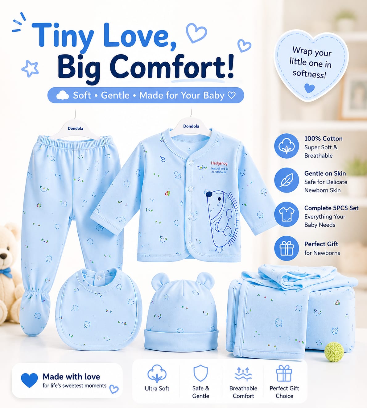 5PCS Newborn Baby Cotton Clothing Set – Soft & Breathable Infant Outfit for Boys & Girls (0-3M)