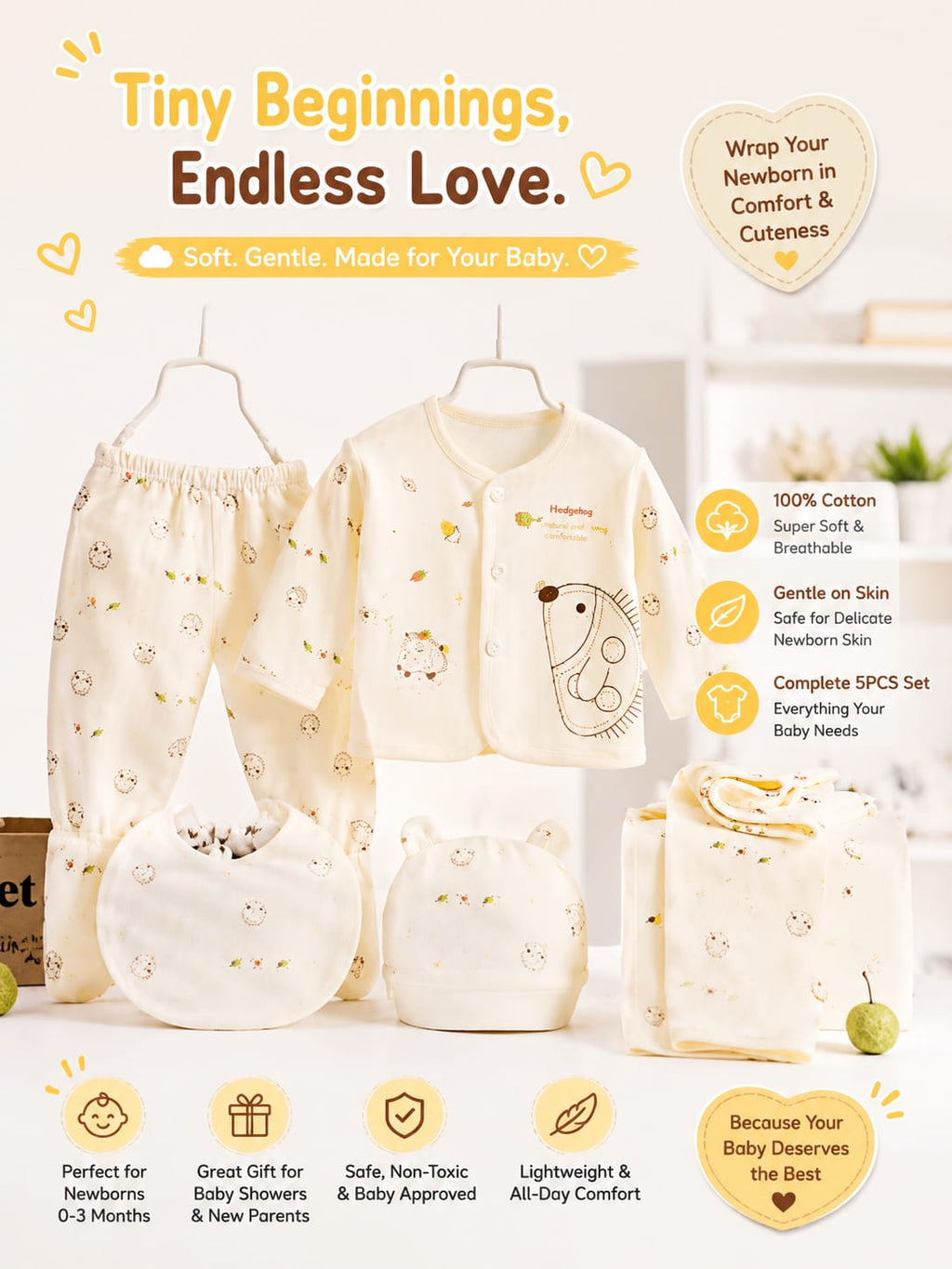 5PCS Newborn Baby Cotton Clothing Set – Soft & Breathable Infant Outfit for Boys & Girls (0-3M)