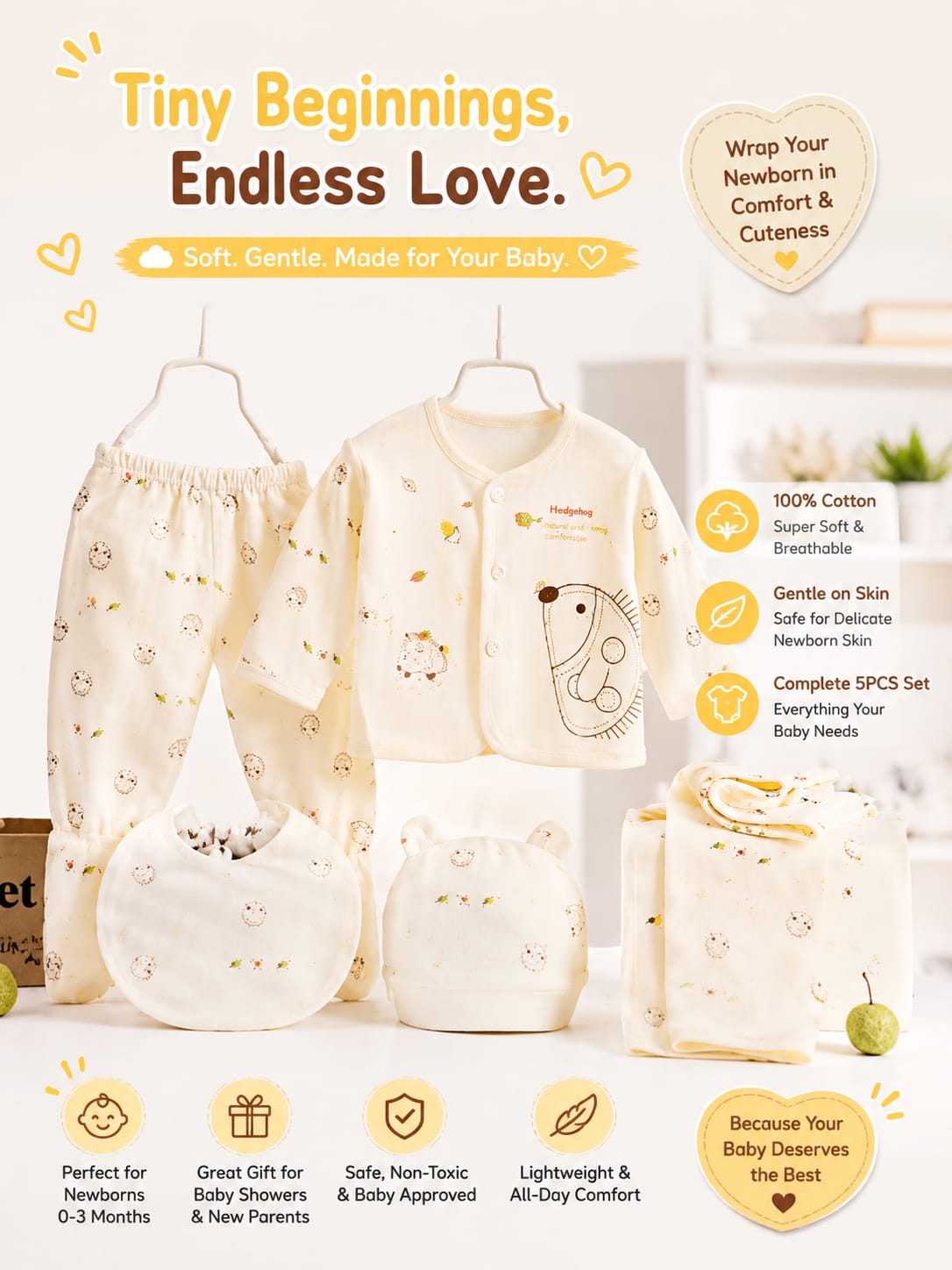 5PCS Newborn Baby Cotton Clothing Set – Soft & Breathable Infant Outfit for Boys & Girls (0-3M)
