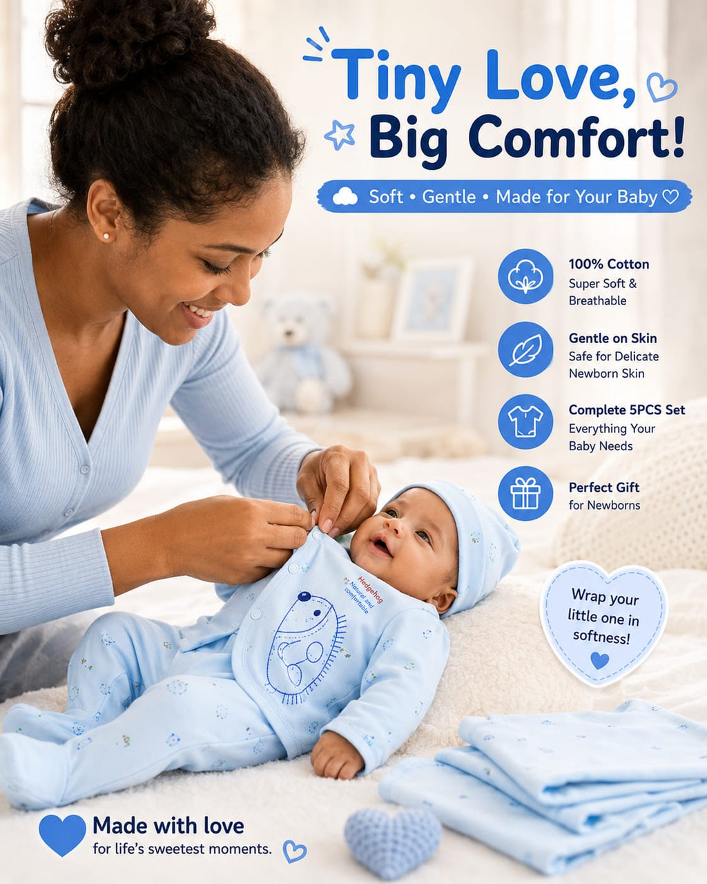 5PCS Newborn Baby Cotton Clothing Set – Soft & Breathable Infant Outfit for Boys & Girls (0-3M)