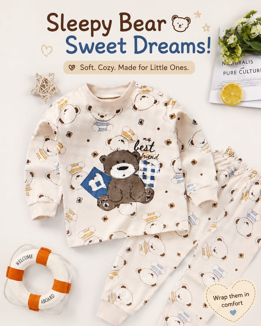 Cute Bear Toddler Pajama Set – Soft Cotton Long Sleeve Sleepwear for Boys & Girls