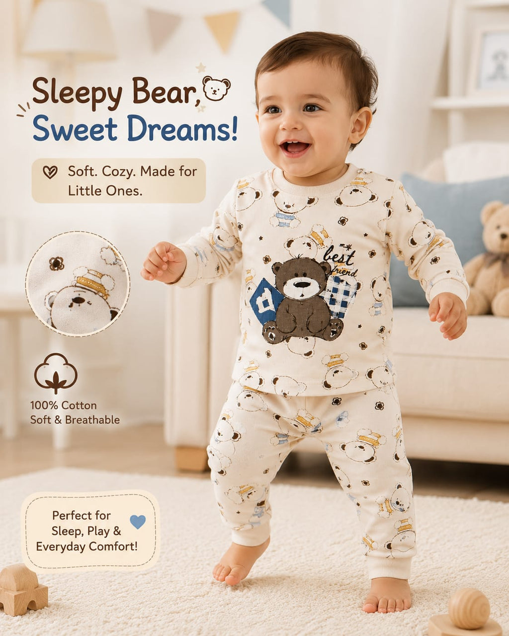 Cute Bear Toddler Pajama Set – Soft Cotton Long Sleeve Sleepwear for Boys & Girls