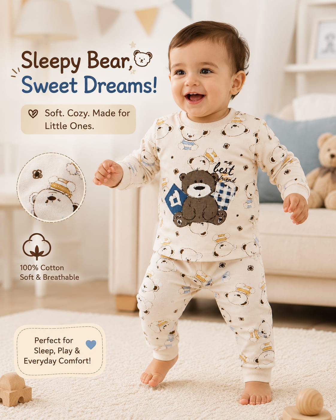 Cute Bear Toddler Pajama Set – Soft Cotton Long Sleeve Sleepwear for Boys & Girls